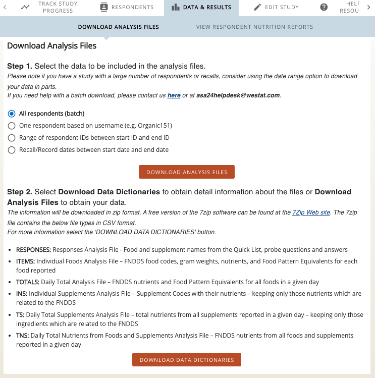 Screenshot of downloading recall data from ASA24 Researcher Website