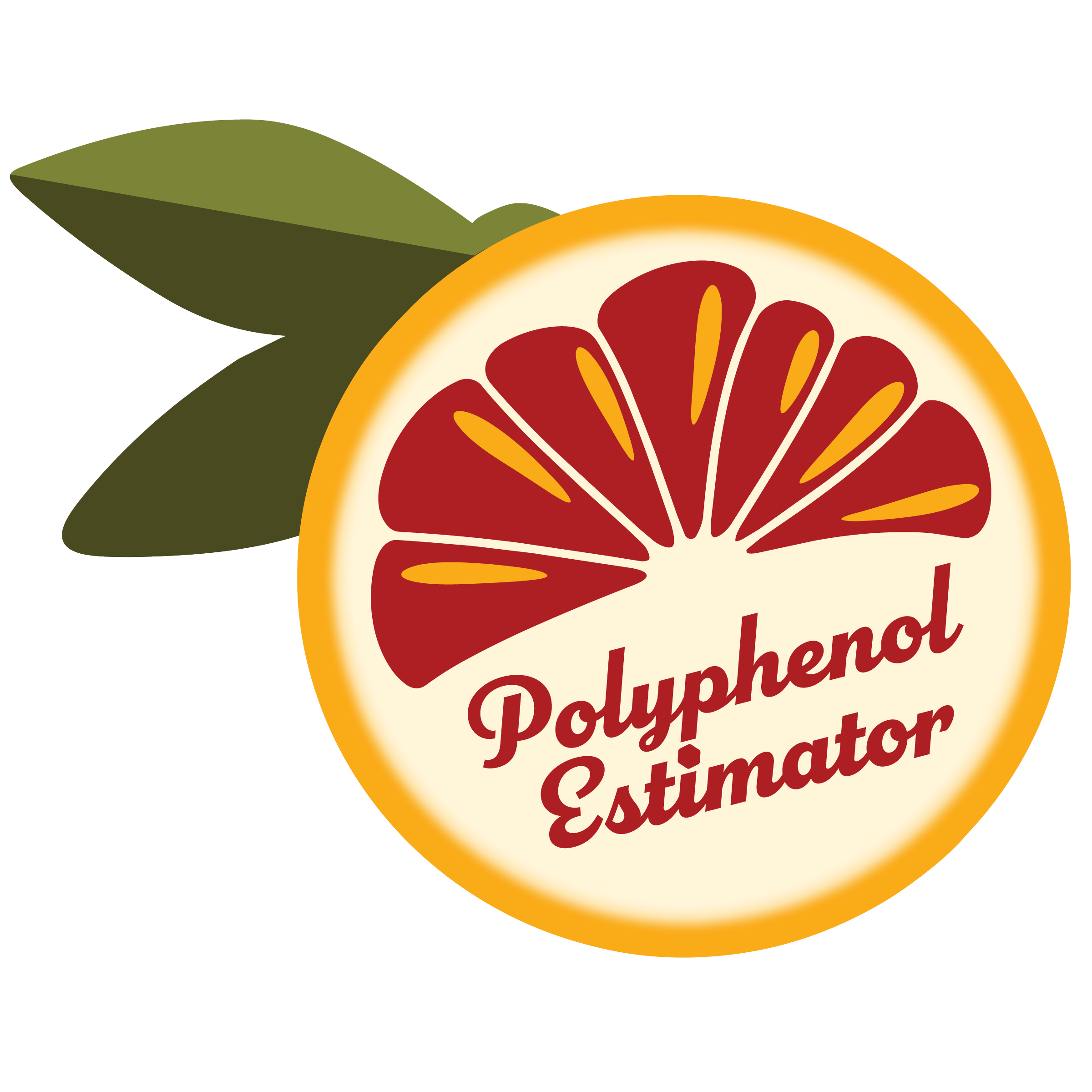 Logo featuring the text Polyphenol Estimator in cursive red script within a blood orange shape.