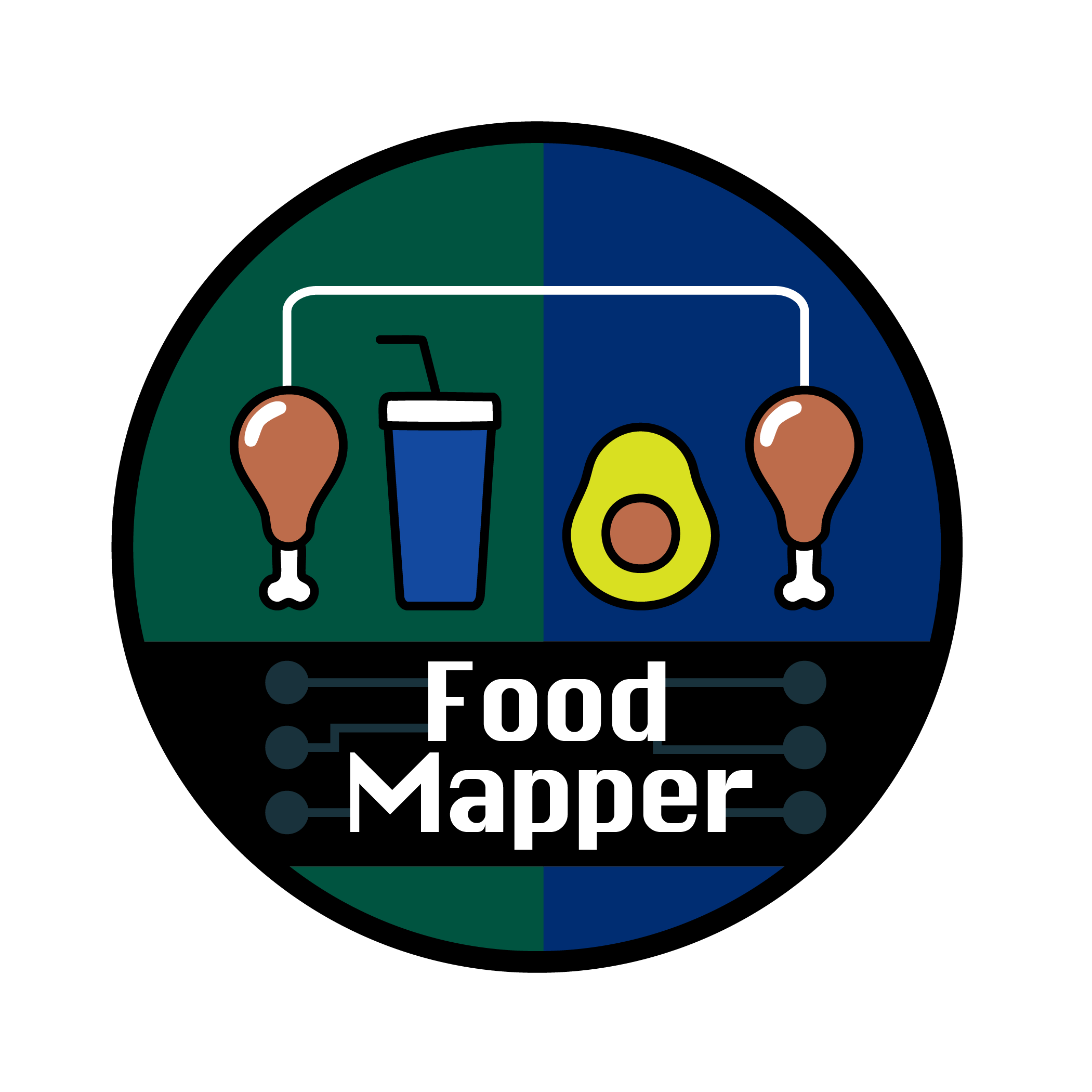 green and blue logo with food icons and Food Mapper in white text