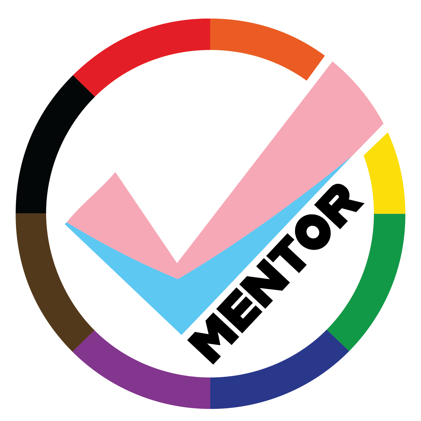 checkmark with LGBTIA colors and mentor in black text