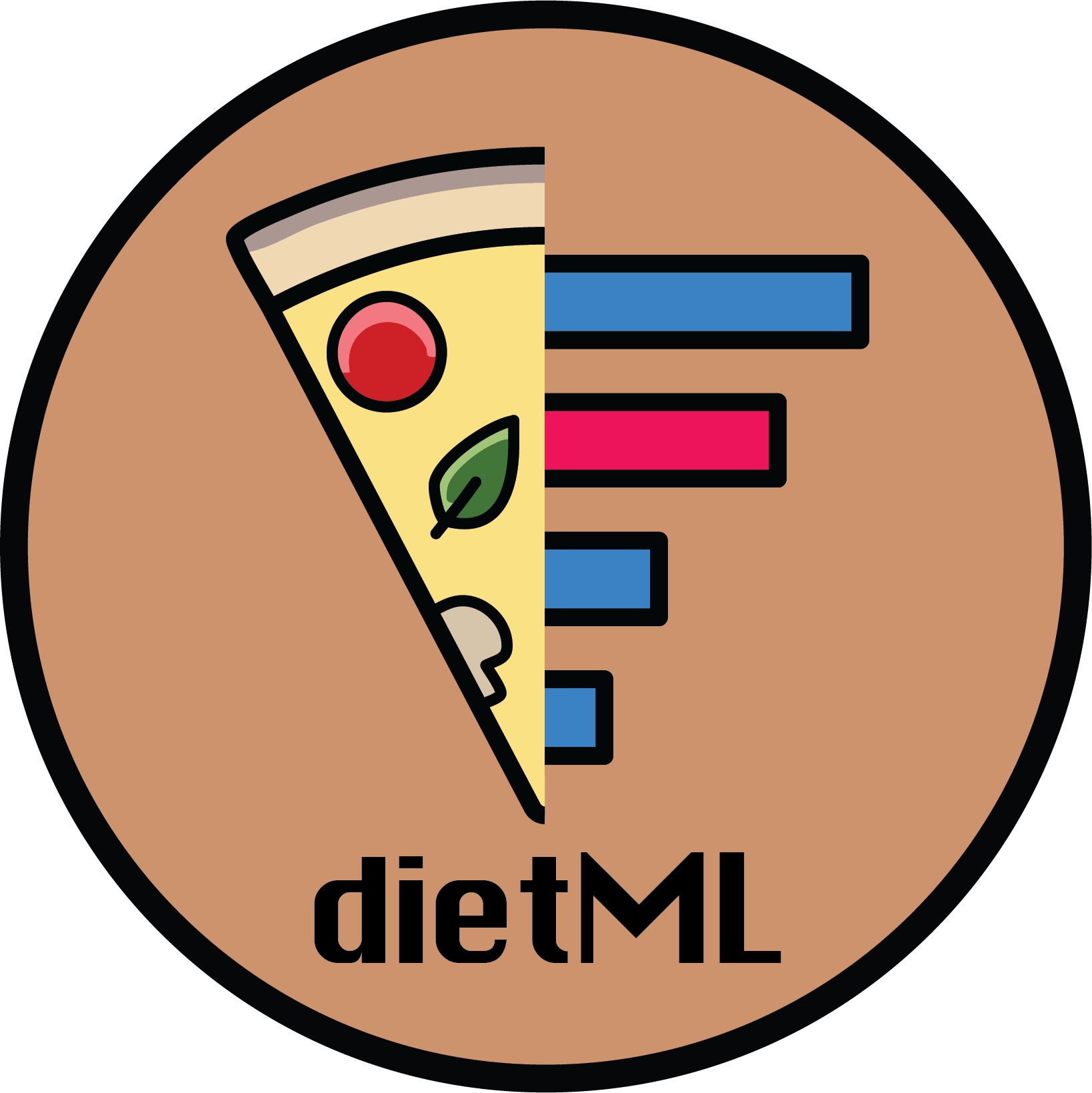 brown logo with pizza slice on the left, a bar plot on the right, and dietML as black text